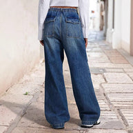 Damen weite High-Waist Denim-Hose mit elastischem Bund WW