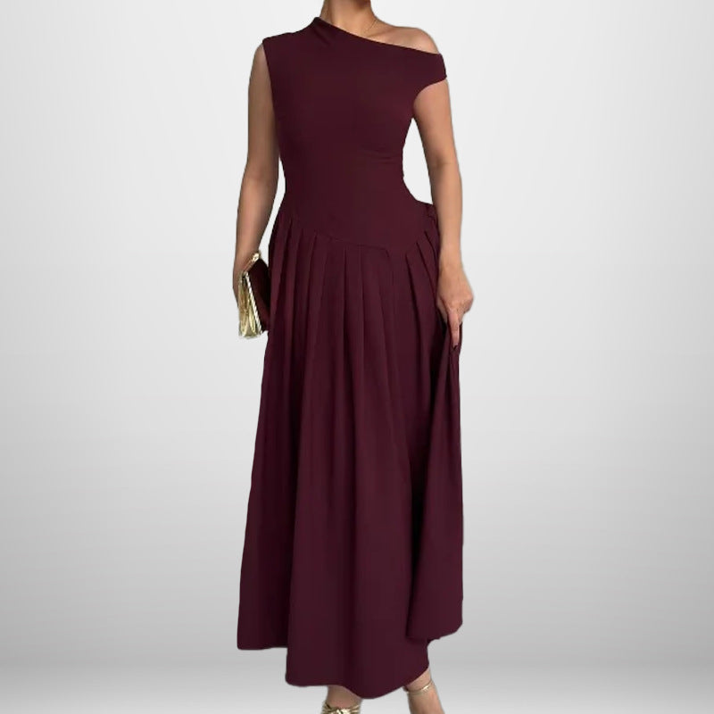 Damen Elegantes Maxi-Kleid mit asymmetrischem Ausschnitt und schwingendem Rock WW
