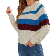 Damen Baumwollpullover mit modernen Blockstreifen und Rundhalsausschnitt WW