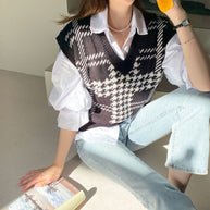 Damen Strick-Weste mit V-Ausschnitt und modernem Hahnentrittmuster WW