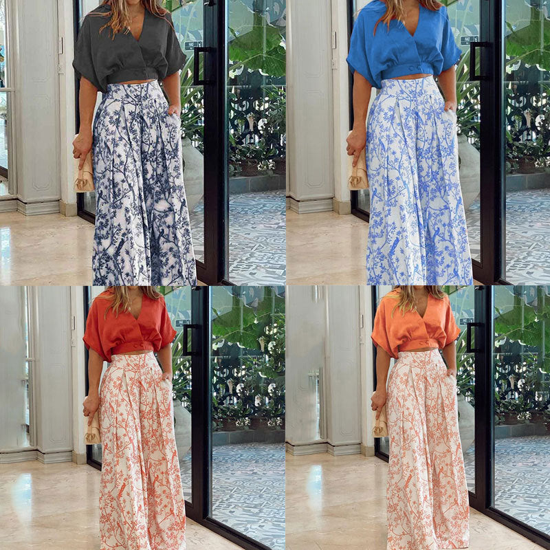 Damen Crop-Top Kombi-Anzug mit weitem Rock und floralem Muster W&W Mode