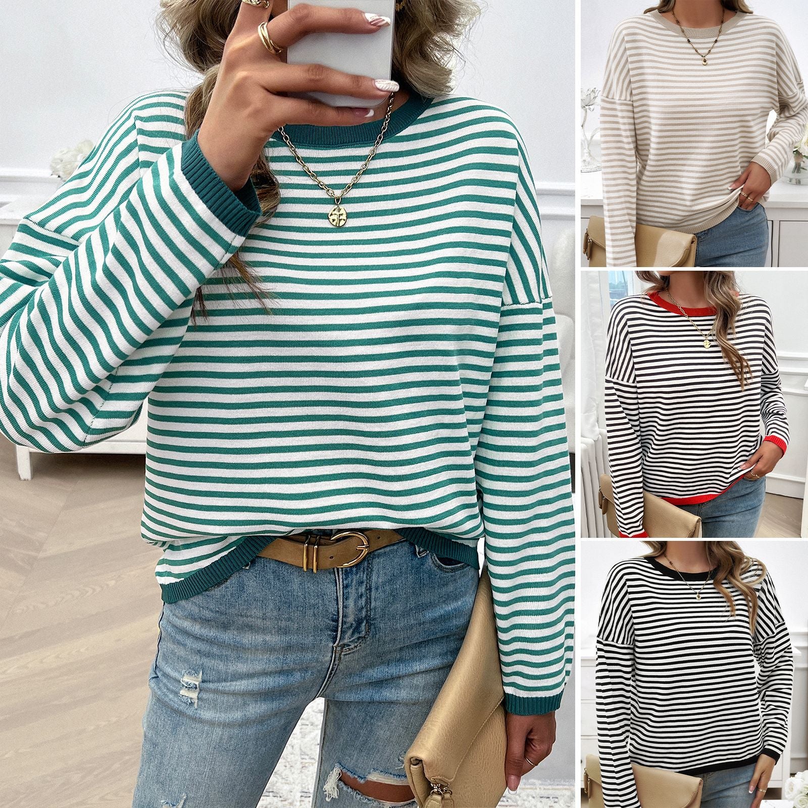 Damen lässiger Streifenpullover mit farbigen Akzenten WW