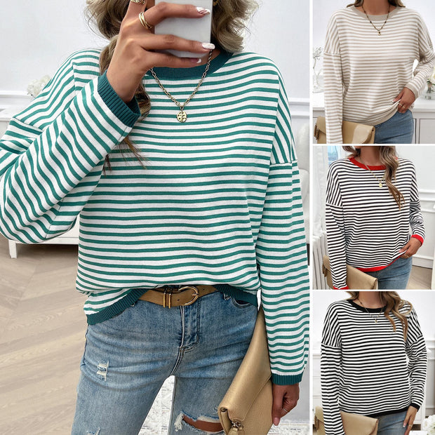 Damen lässiger Streifenpullover mit farbigen Akzenten WW
