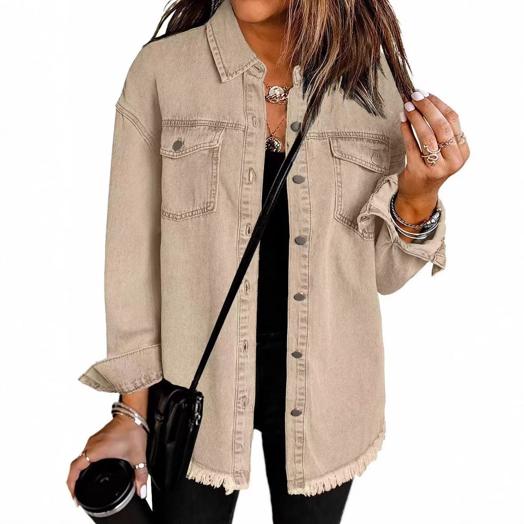 Damen Oversized Jeanshemd mit Fransen WW