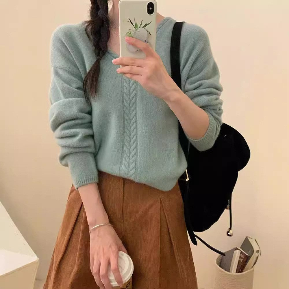 Damen Strickpullover mit V-Ausschnitt und Zopfmuster WW
