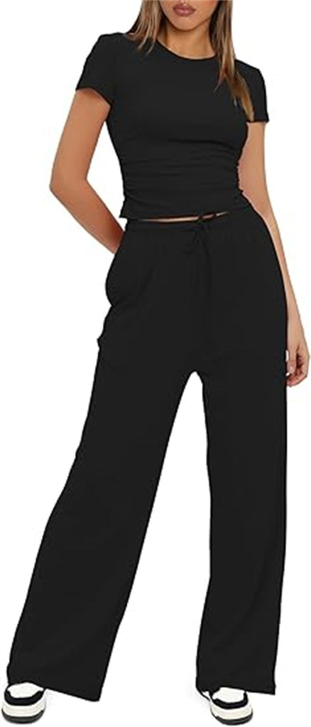 Damen lässiger Zweiteiler mit cropped Oberteil und weitem Beinkleid WW