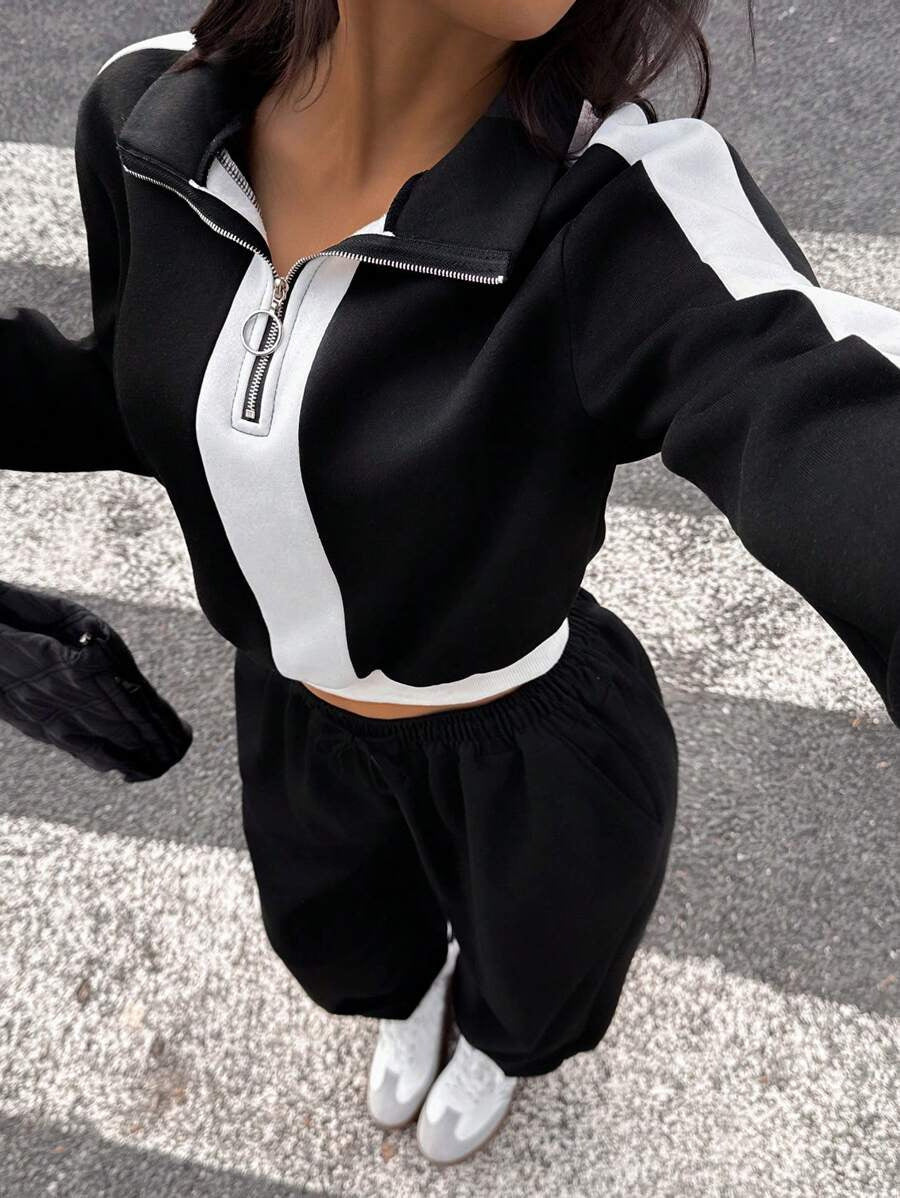 Damen Sportlicher Cropped-Hoodie und lässige Jogginghose Set WW