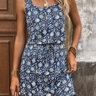 Damen ärmelloses Blumenkleid mit verstellbarem Taillenzug und fließendem Schnitt WW