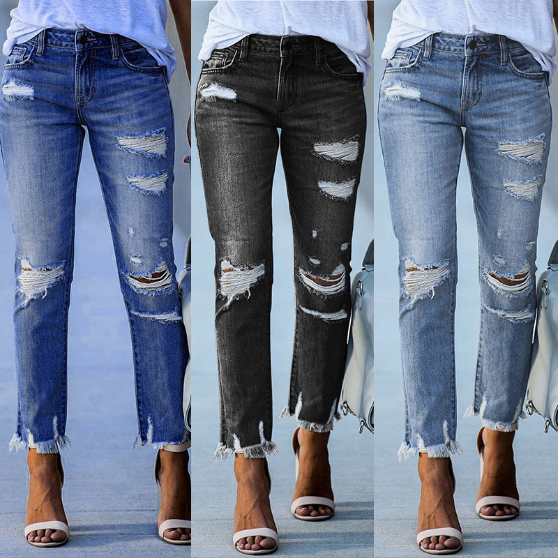 Damen Ripped High-Waist Jeans mit fransigem Saum und modischen Destroyed-Details WW