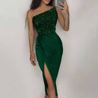 Damen Abendkleid mit asymmetrischem Design und funkelnden Pailletten WW