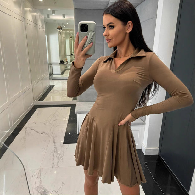 Damen A-Linien Kleid mit Polo-Kragen und schwingendem Rock WW