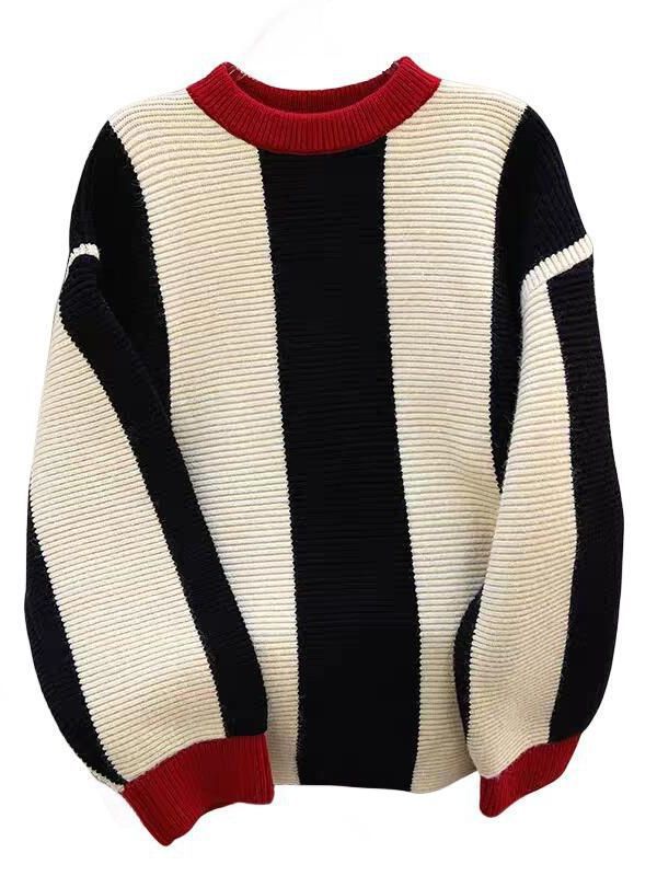 Damen Strickpullover mit gerafften Ärmeln und kontrastierendem Streifenmuster WW