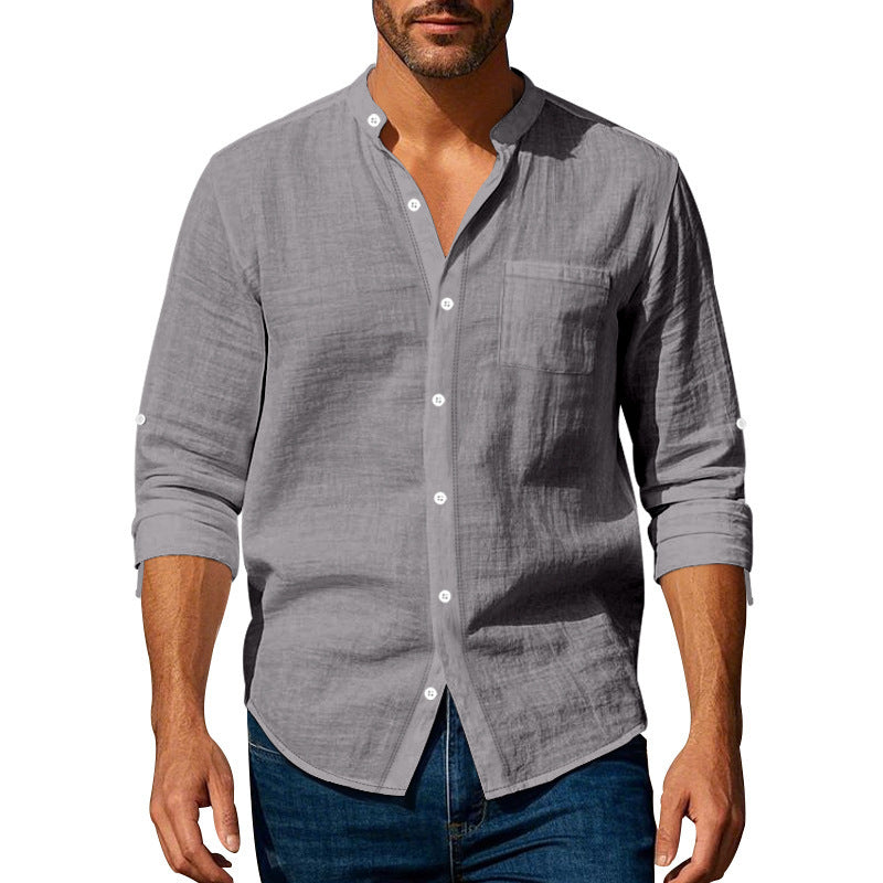 Herren nan Leinenhemd mit Stehkragen und aufrollbaren Ärmeln W&W Mode