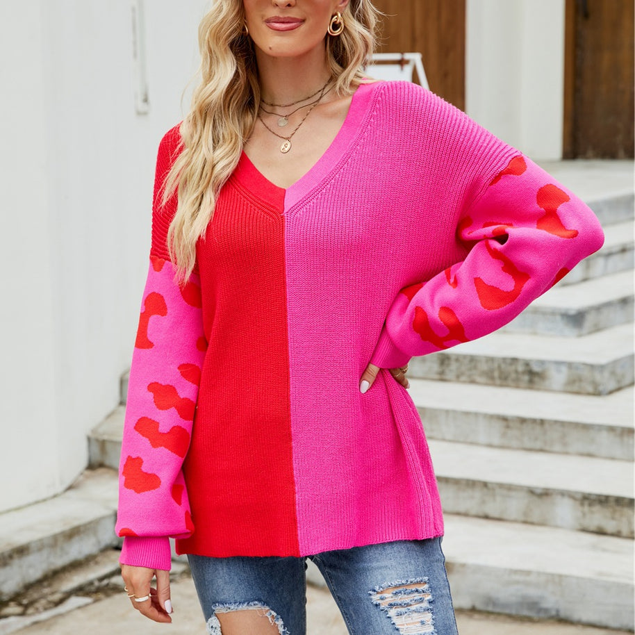 Damen farbenfroher Pullover im modischen Blockfarben-Design mit Leopardenmuster WW
