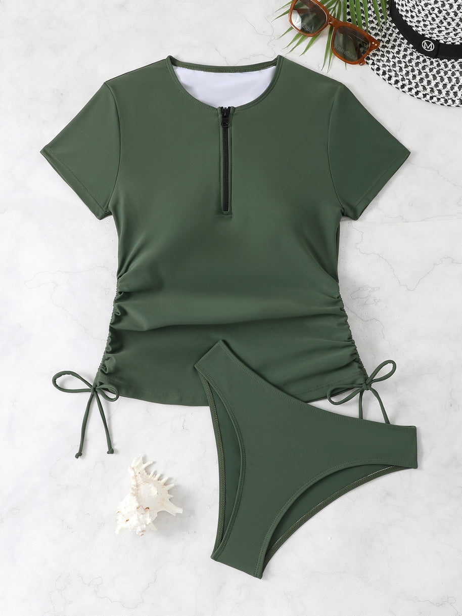 Damen Sport-Bikini-Set mit kurzem Oberteil und seitlich gerafftem Hosenbund WW