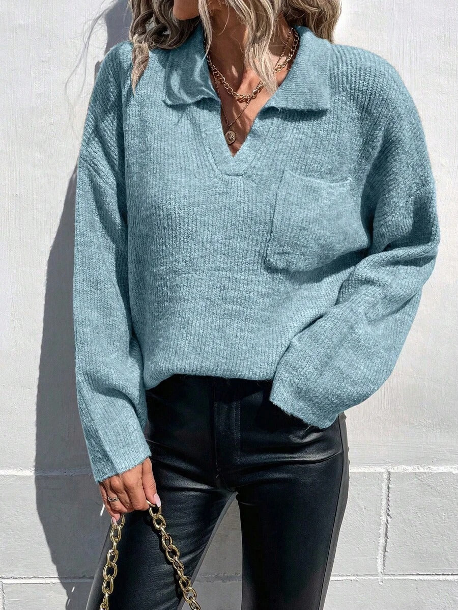 Damen Sportlicher Pullover mit modernem V-Ausschnitt und praktischer Brusttasche WW