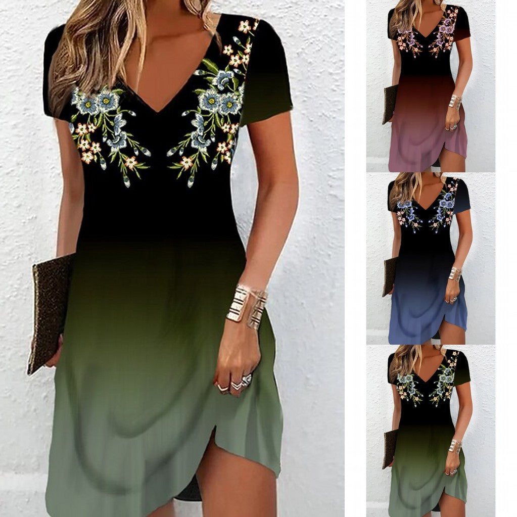 Damen Elegant gestreiftes Sommerkleid mit floralem Druck und V-Ausschnitt WW