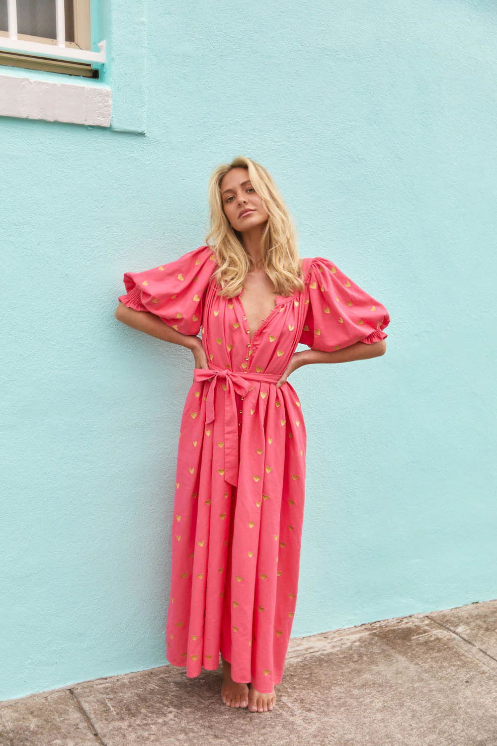 Damen Sommerkleid mit Puffärmeln und goldenen Details WW