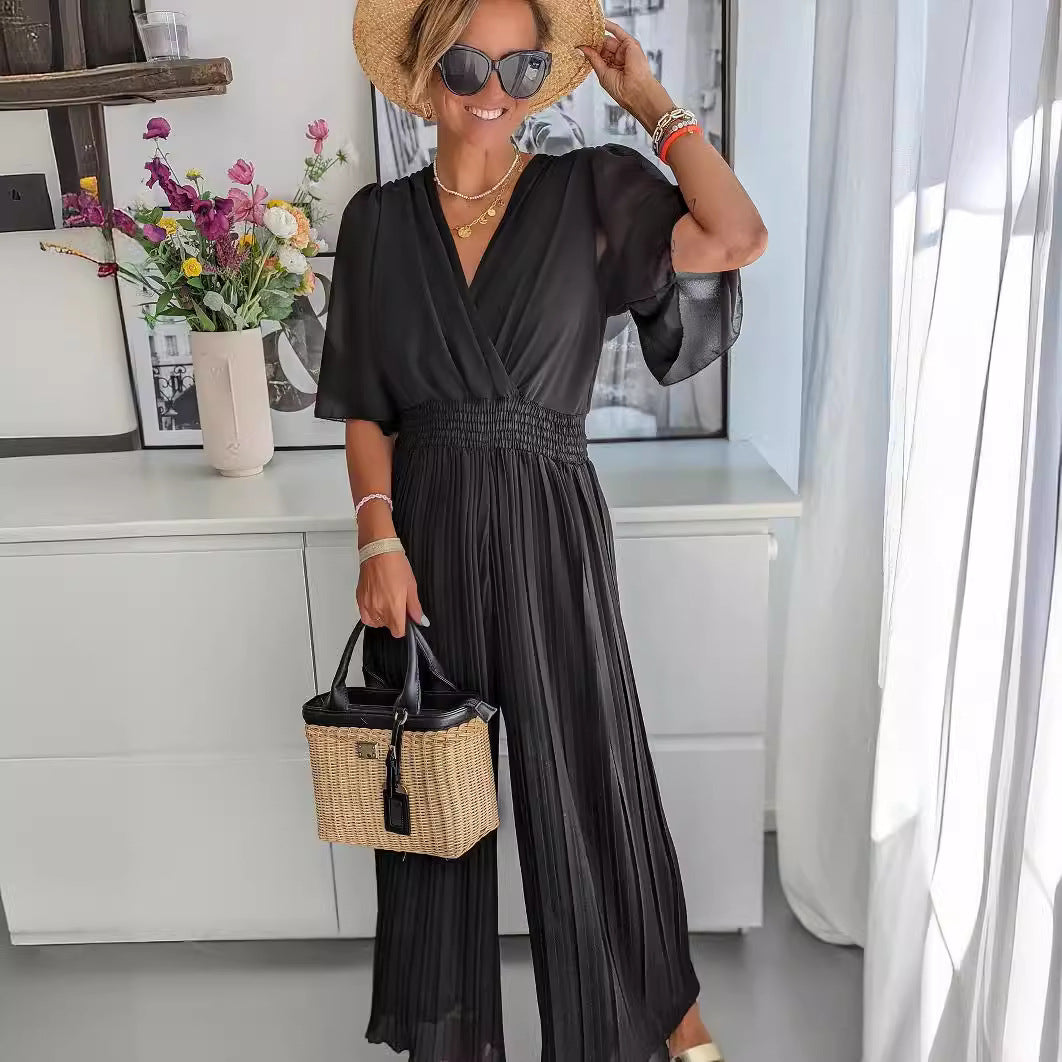 Damen Eleganter Jumpsuit mit tiefem V-Ausschnitt und voluminösen Ärmeln WW