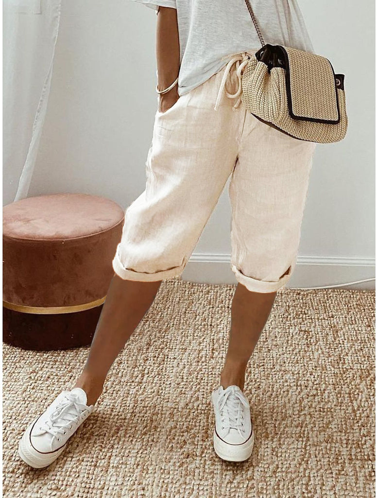 Damen lässige Cropped-Hosen mit Gummi Bund und Taschen WW