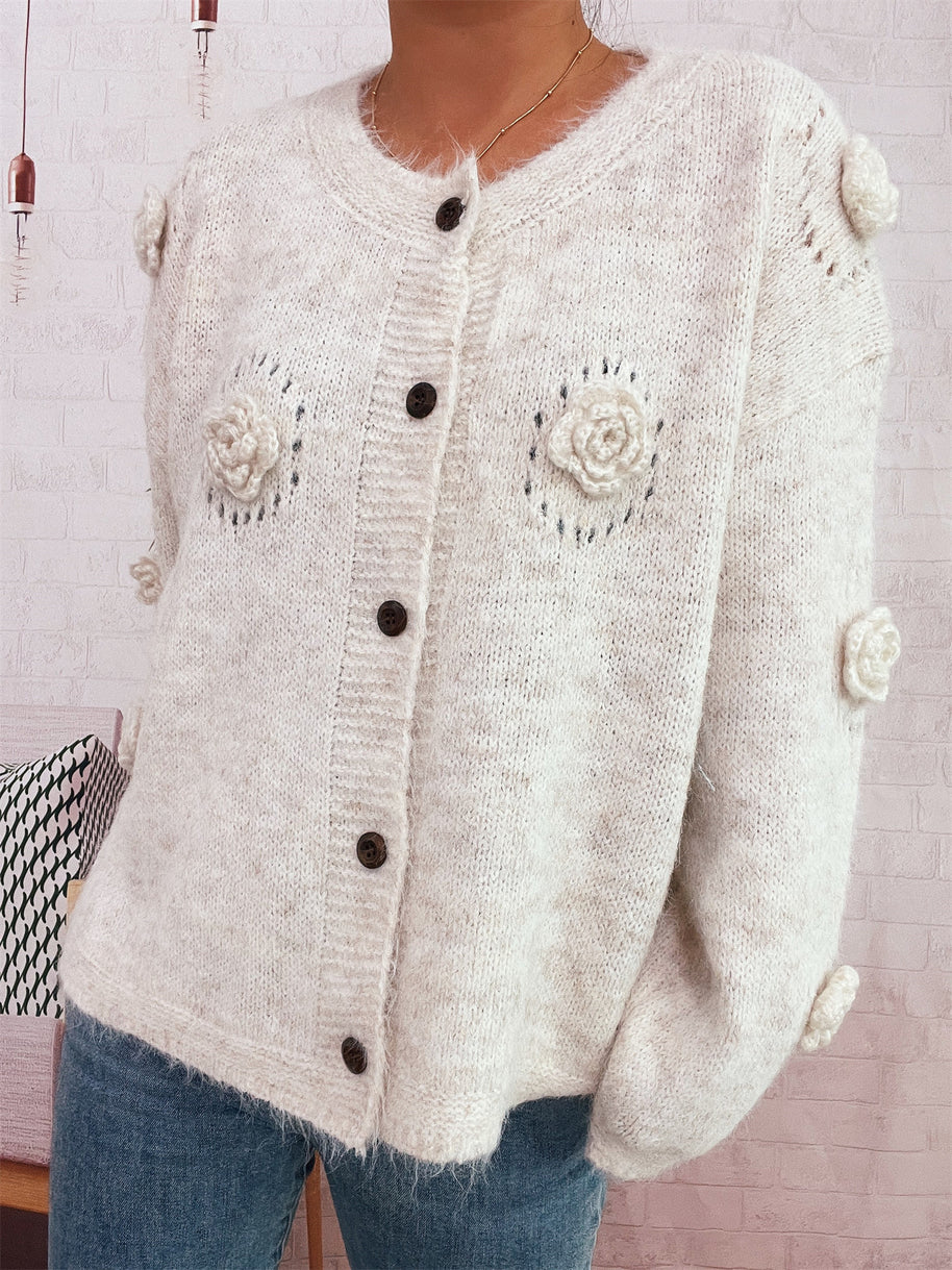 Damen Strickjacke mit floralen Applikationen und dekorativen Knöpfen WW