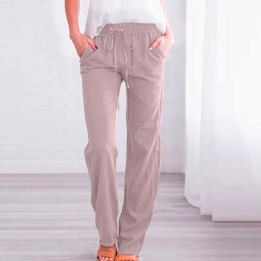 Damen Bequeme Leinen-Hose mit elastischem Bund und Taschen WW