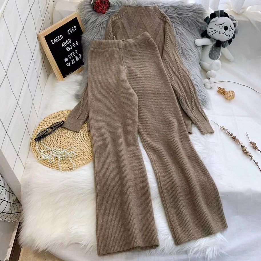 Damen Set aus Strickpullover und Weit geschnittenen Hose WW