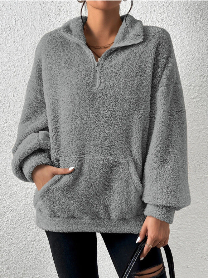 W&W Mode Plüsch-Kängurutaschen-Stehkragen-Sweatshirt