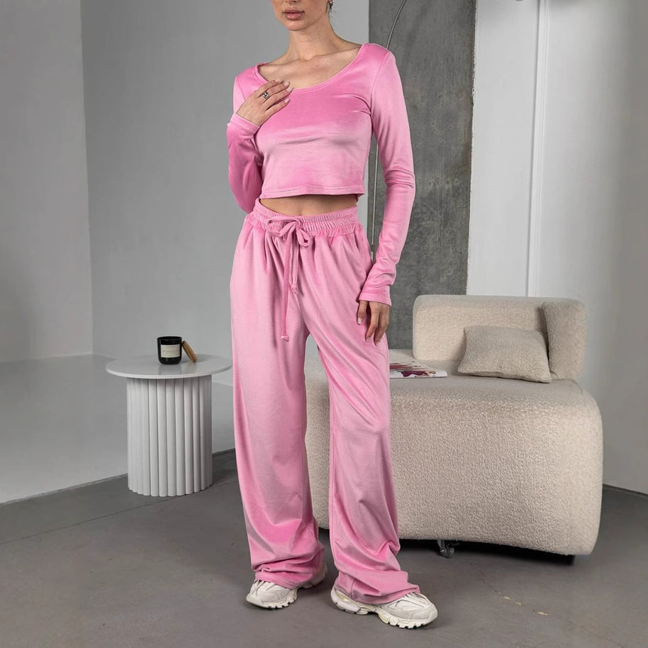 Damen sportliches Crop-Top und weite Hose Set WW