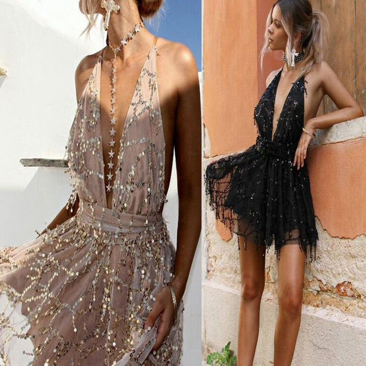 Damen Glitzerndes Cocktailkleid mit tiefem V-Ausschnitt und schwingendem Rock W&W Mode