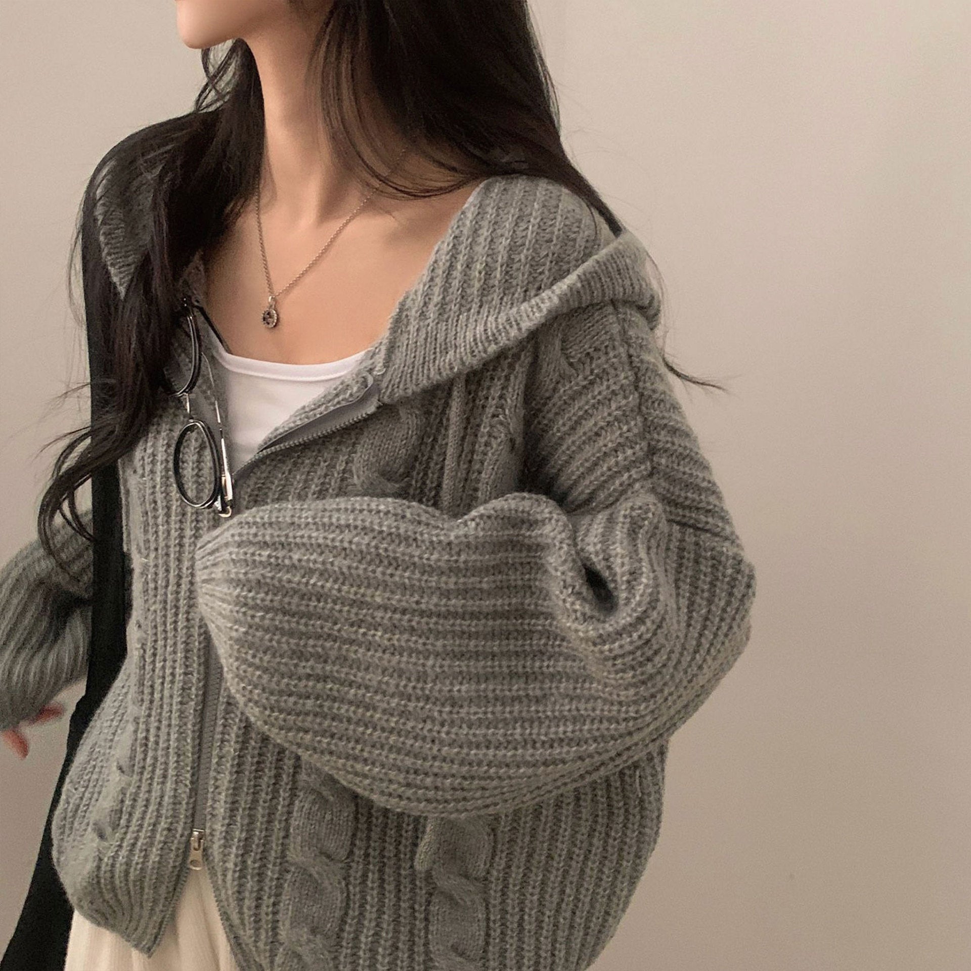 Damen Bequemer Strickjacke mit Kapuze und Reißverschluss WW