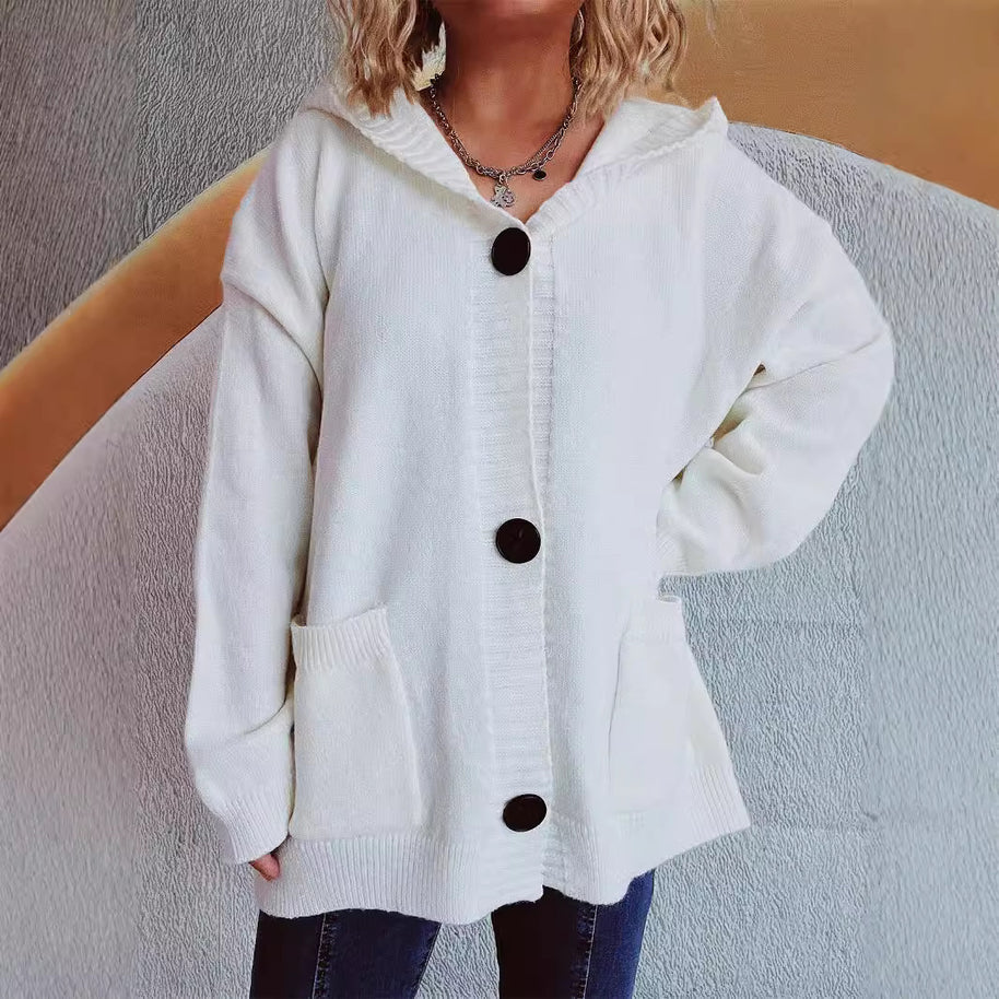 Damen bequeme Strickjacke mit Kapuze und praktischen Taschen WW