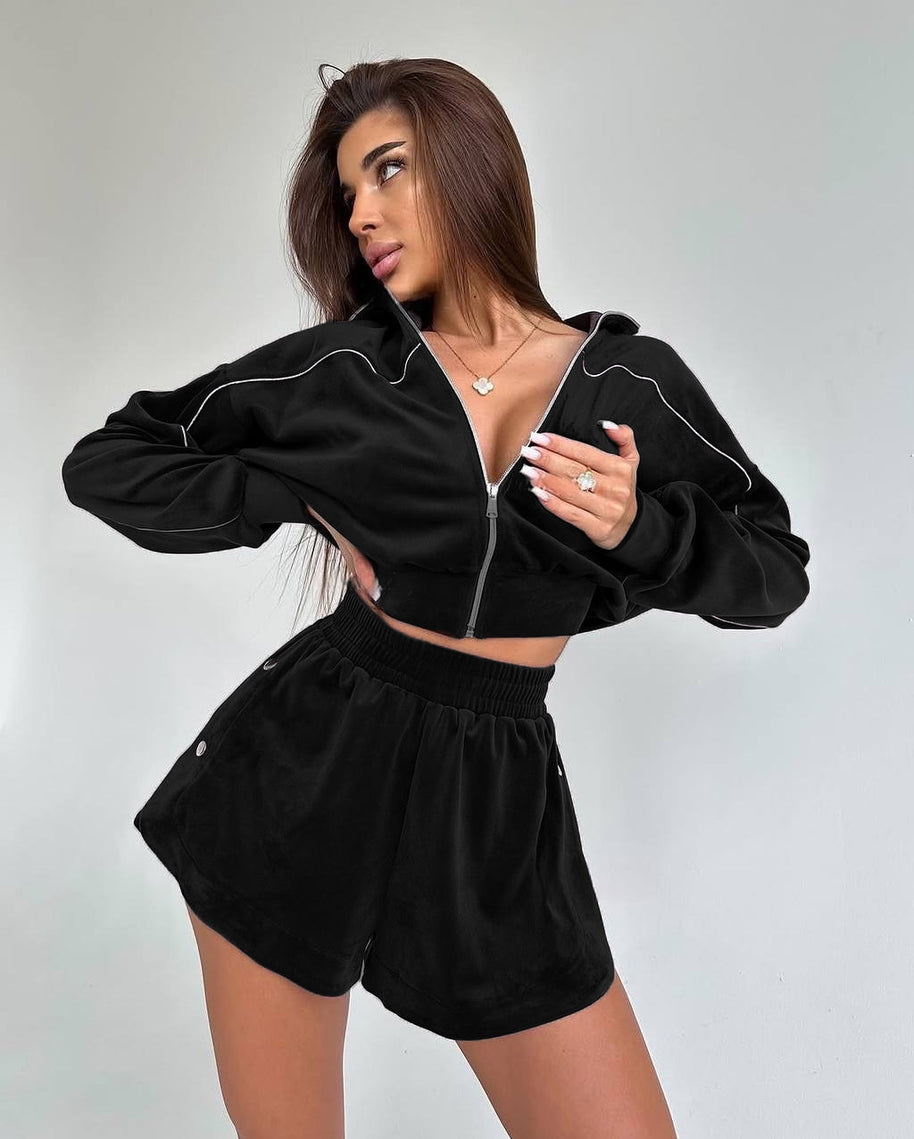 Damen sportliches Velours-Crop-Top und Shorts Set WW