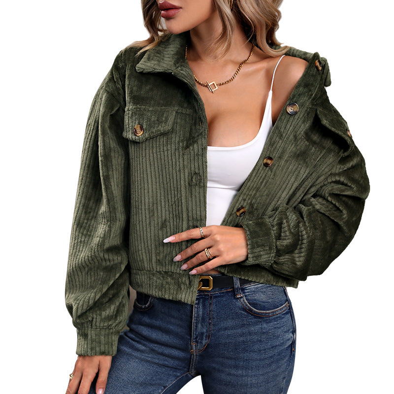 Damen Strickjacke im lässigen Cord-Look mit dekorativen Knöpfen und zwei Brusttaschen WW