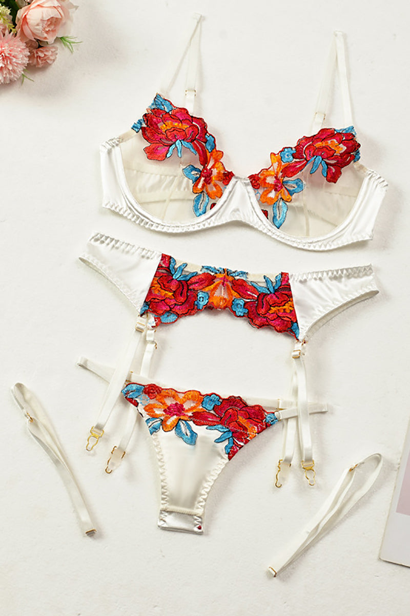 WW | Satin Durchsichtige Blumen 3 Teile Lingerie Set