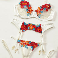 WW | Satin Durchsichtige Blumen 3 Teile Lingerie Set