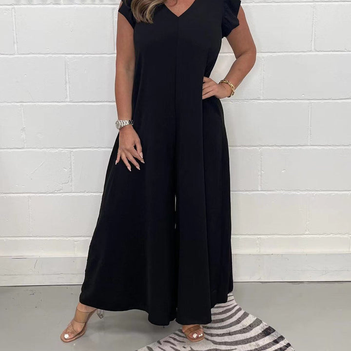 Damen gehobener Jumpsuit mit voluminösen Rüschenärmeln und V-Ausschnitt W&W Mode