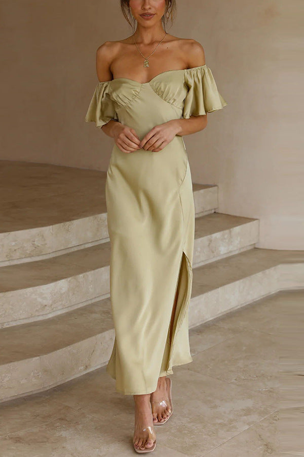 Damen Off-Shoulder Midi-Kleid mit voluminösen Ärmeln und eleganten Akzenten WW