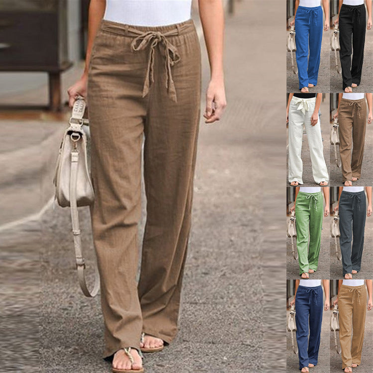 Damen bequeme Leinenhose mit elastischem Bund und verstellbarem Bindegürtel WW