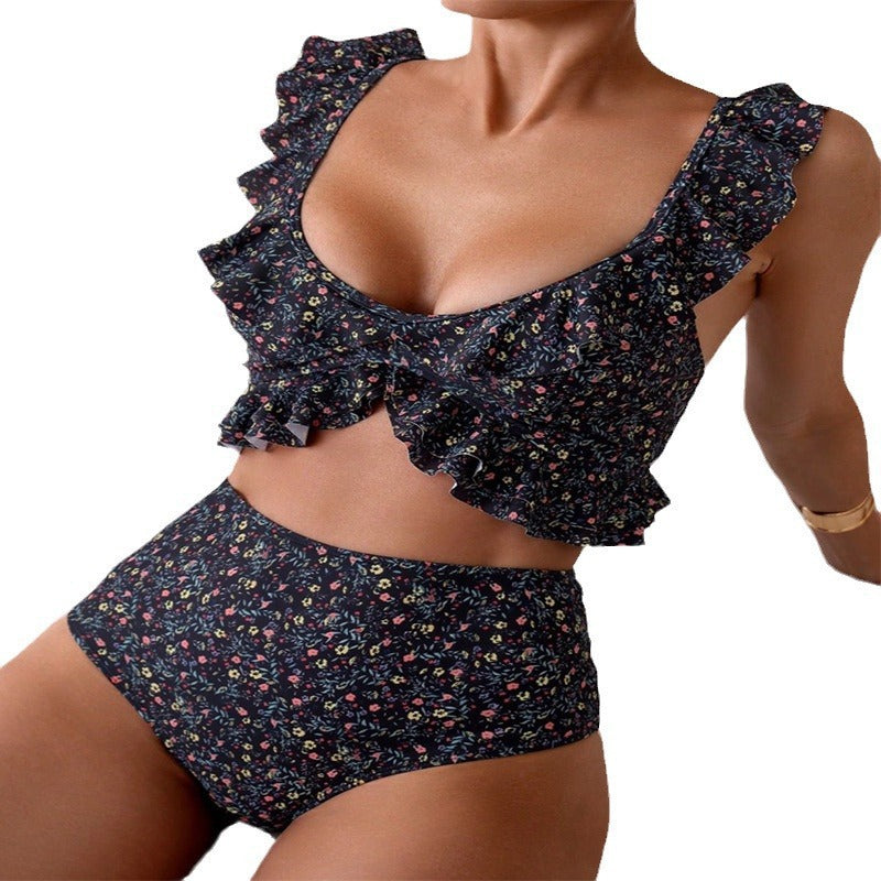 Damen Rüschene Floral-Print Crop-Bikini-Set WW
