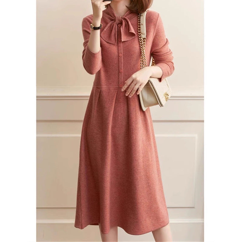 Damen Langarm Schleifen-Midi-Kleid WW