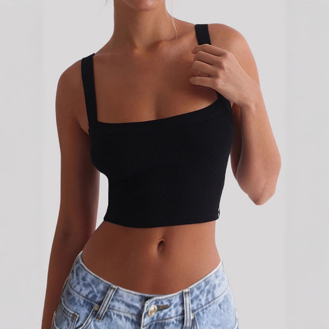 Damen figurbetontes Crop-Top mit breiten Trägern und Rippstruktur W&W Mode