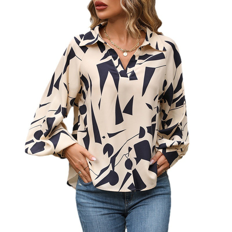 Damen lässige Bluse mit modernem grafischem Druck und voluminösen Ärmeln WW