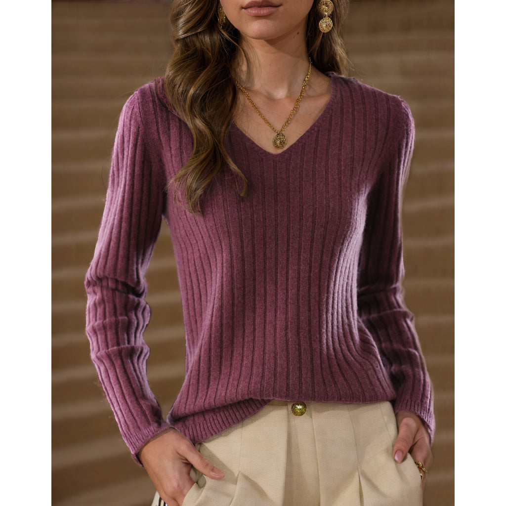 Damen Strickpullover mit V-Ausschnitt und feinem Rippenstrickdesign WW