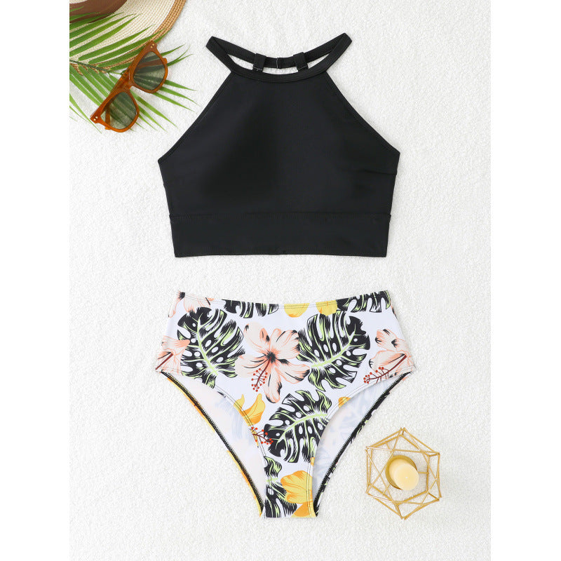 Badeanzug Oberteil mit Hochkragen und floraler Hochschnitt-Hose WW