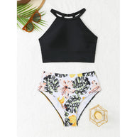 Badeanzug Oberteil mit Hochkragen und floraler Hochschnitt-Hose WW