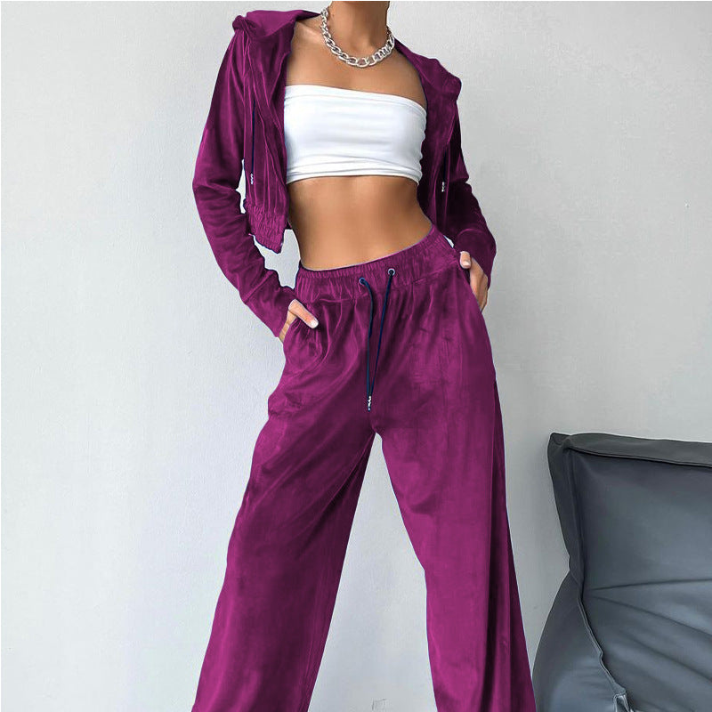 Damen Sportliches Freizeit-Set mit lässiger Kapuzenjacke und weit geschnittenen Hosen WW