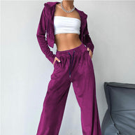 Damen Sportliches Freizeit-Set mit lässiger Kapuzenjacke und weit geschnittenen Hosen WW