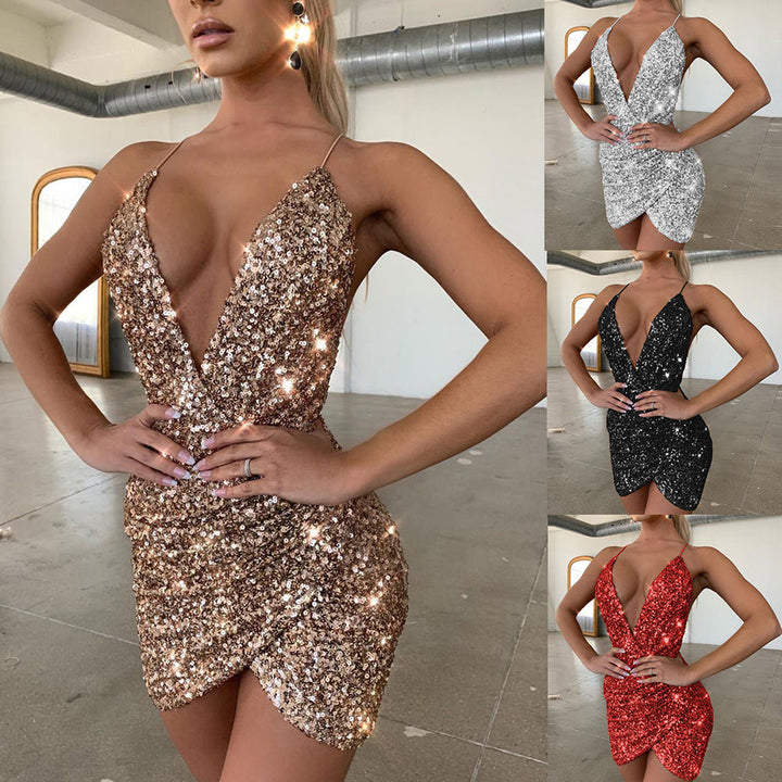 Damen Glitzerndes Minikleid mit tiefem V-Ausschnitt und Wickeloptik W&W Mode