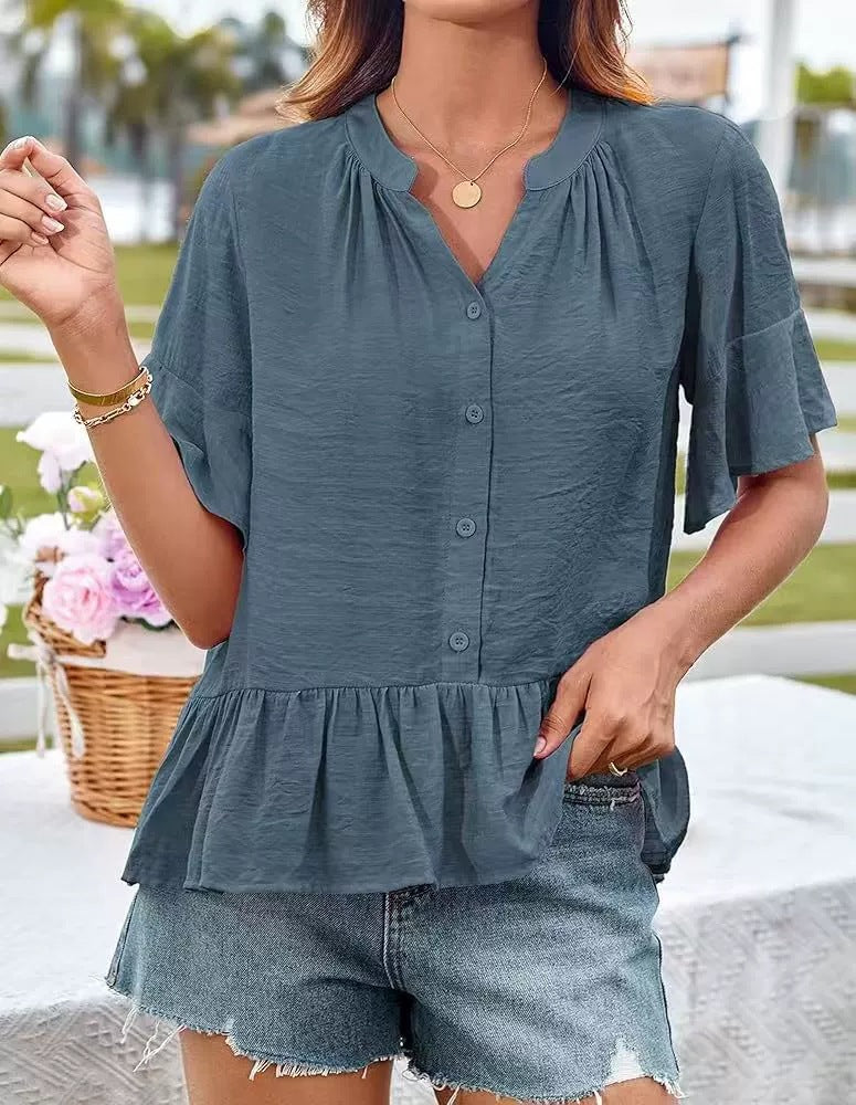 Damen Bluse mit Rüschensaum und Knopfdetails WW